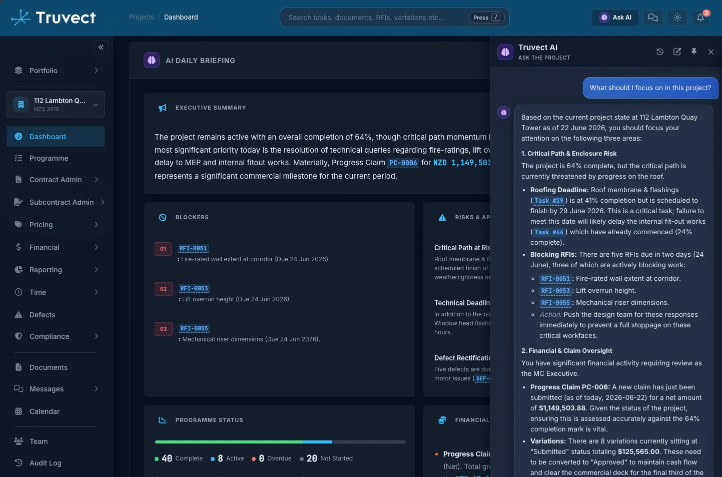 Truvect AI daily briefing — what moved, what is blocked and what is at risk across the project