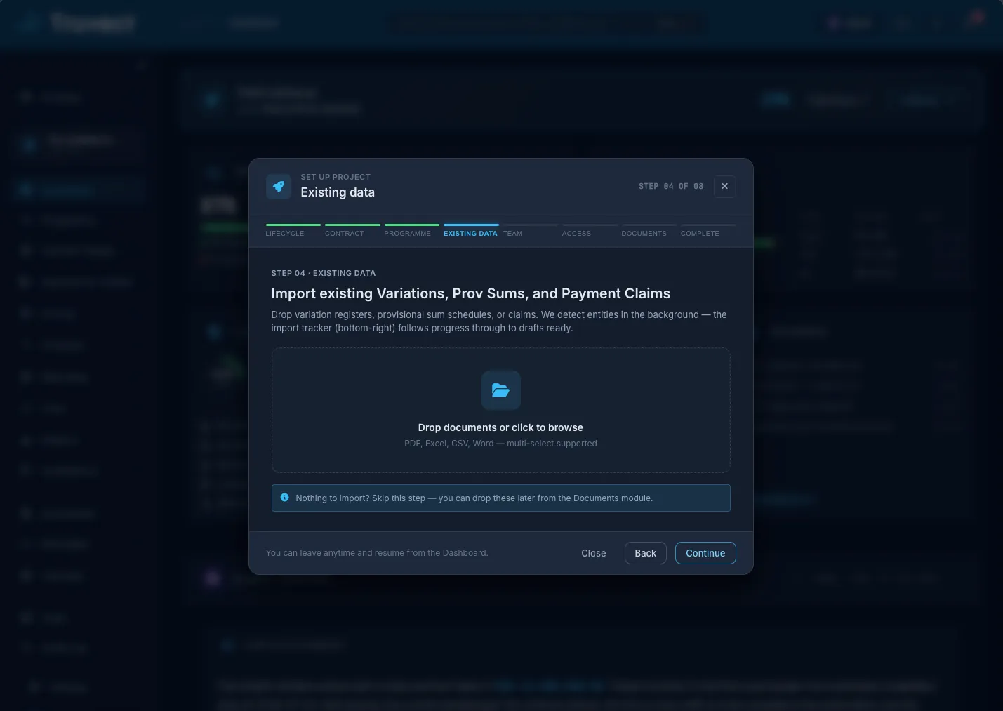 Truvect project setup wizard — importing existing variations, provisional sums and payment claims with background entity detection