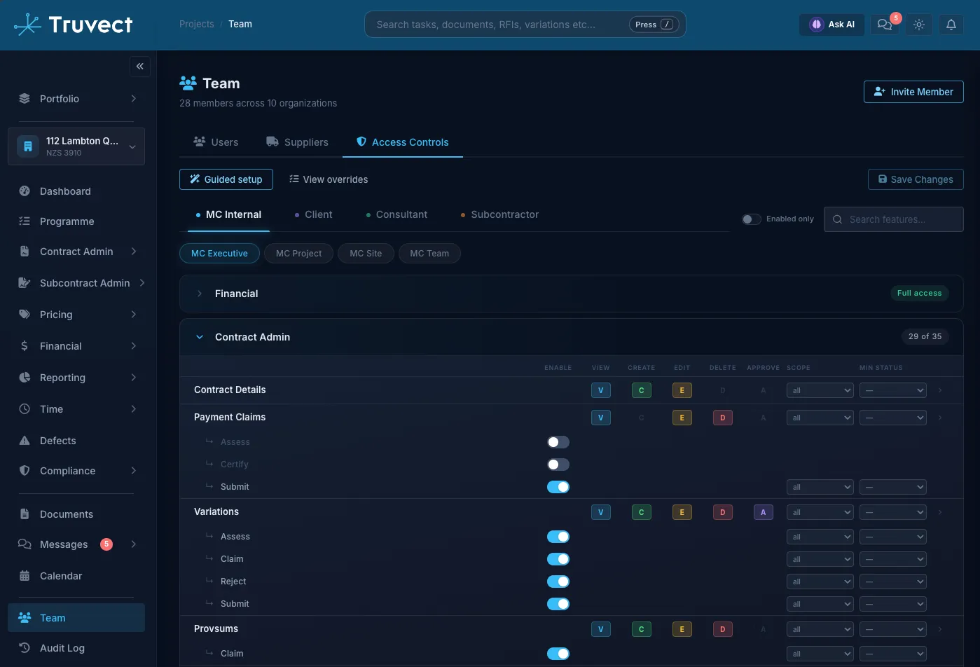 Truvect access controls — per-role, field-level permission matrix by contract position